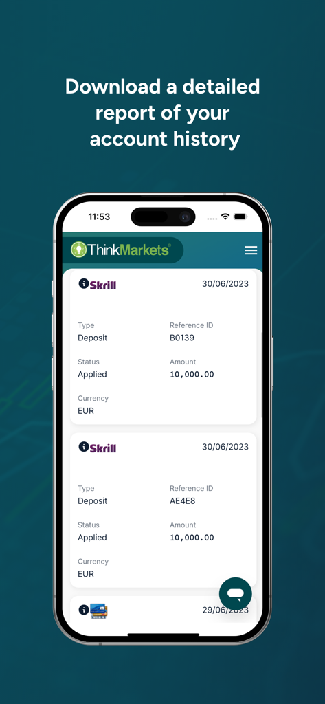 ThinkMarkets Portal mobile app showing a detailed account transaction history report