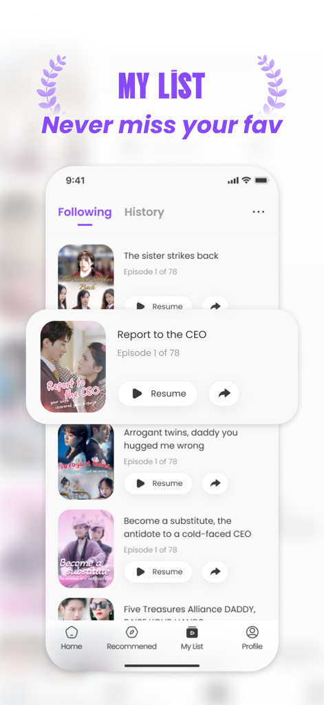 Wolf Drama - Captura de tela da seção Minha Lista do aplicativo Wolf Drama exibindo títulos populares de micro-dramas como Report to the CEO