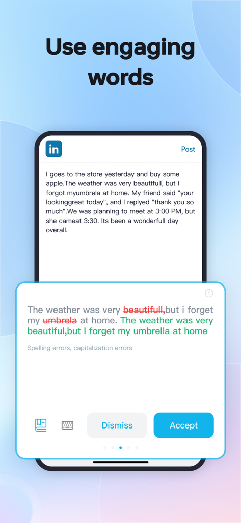 Interface du clavier IA TypeEasy montrant la correction de grammaire et d'orthographe en temps réel sur un post LinkedIn.