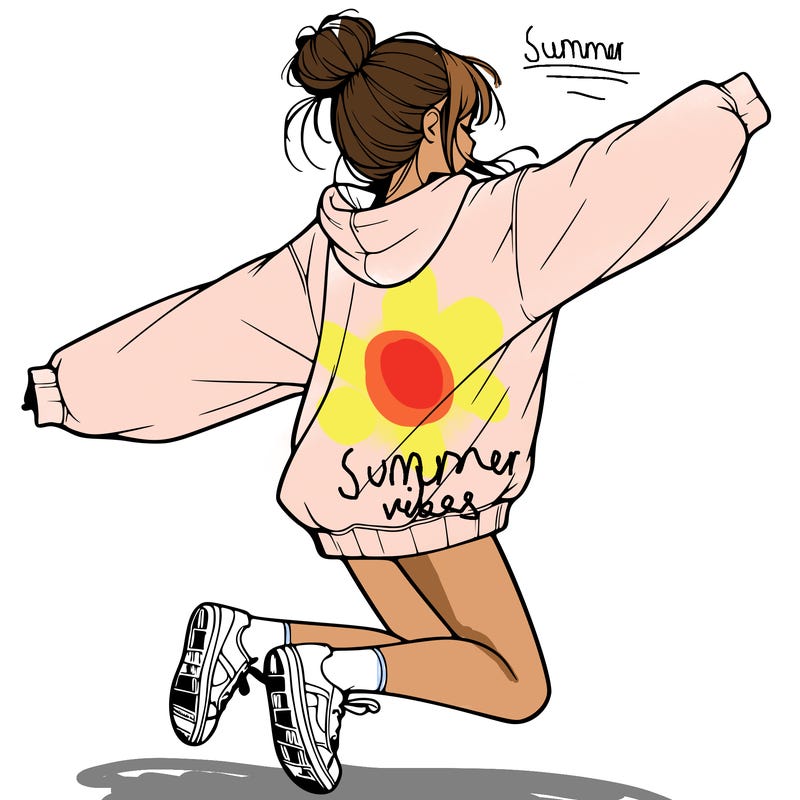 realistic girl jumping with a bun and oversized sweatshirt