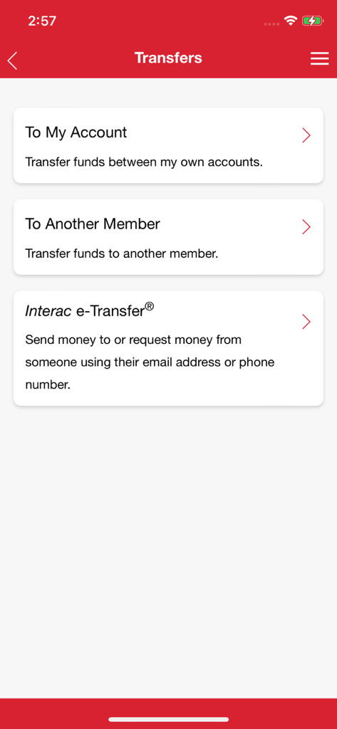 Mainstreet CU Mobile Banking - Mainstreet CU Mobile Banking app screen showing options for account transfers and Interac e-Transfer