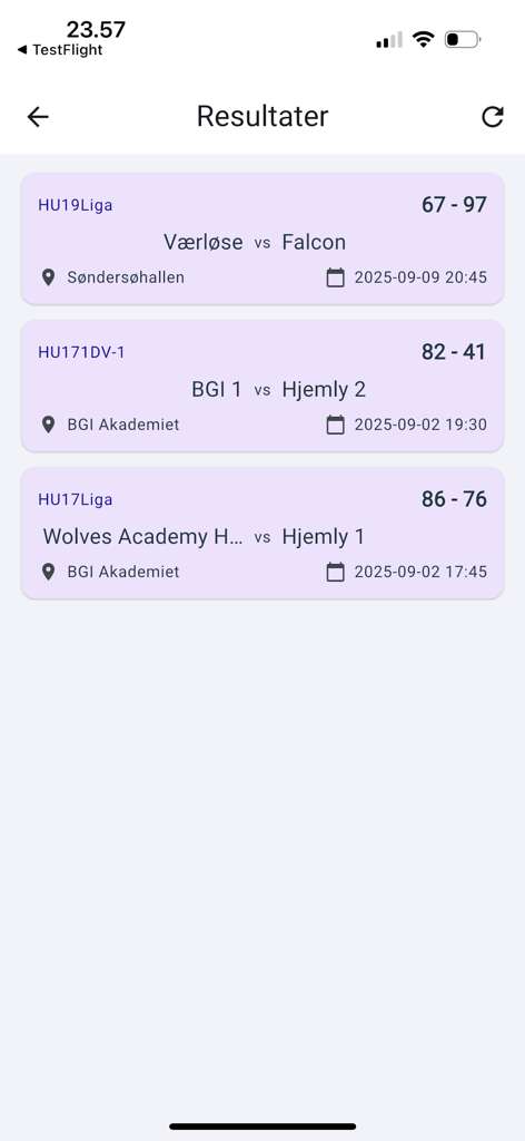 Una lista de resultados de partidos de baloncesto que muestra las puntuaciones de los equipos, ubicaciones y horarios de los partidos en la aplicación MVP.