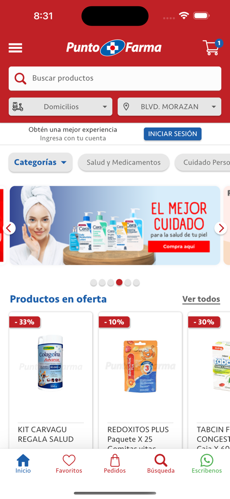 Farmacias Punto Farma - Pantalla de inicio de la aplicación móvil Farmacias Punto Farma mostrando categorías de productos médicos y artículos con descuento