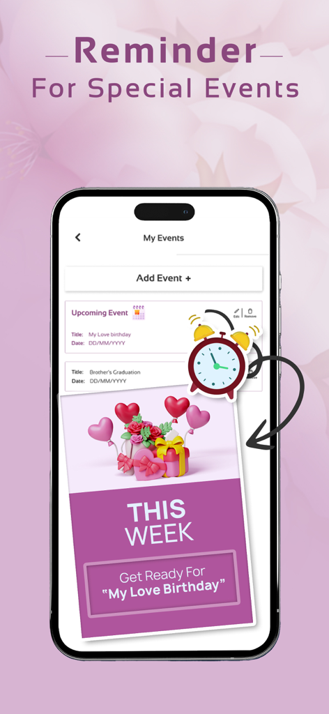 Flowrista App-Oberfläche zum Festlegen und Anzeigen von Geschenkerinnerungen für besondere Anlässe