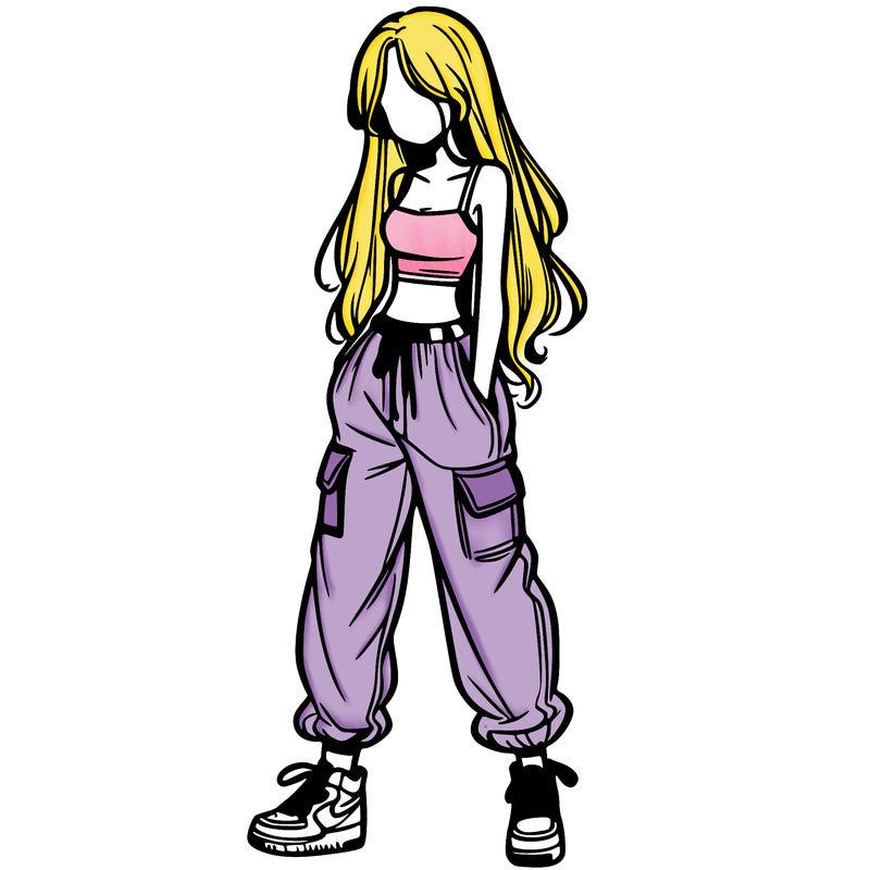 girl in baggy pants crop top and long hair