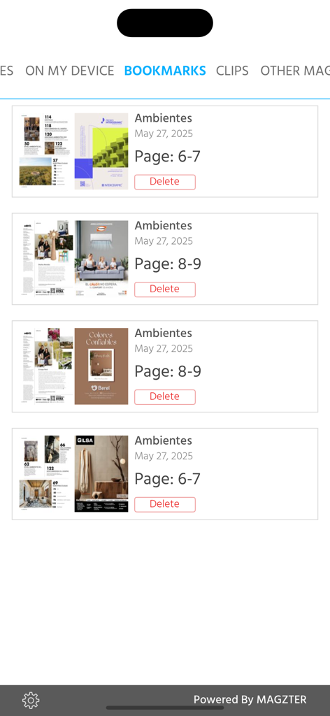 Ambientes - La sección de marcadores de la aplicación de la revista Ambientes que muestra páginas guardadas.