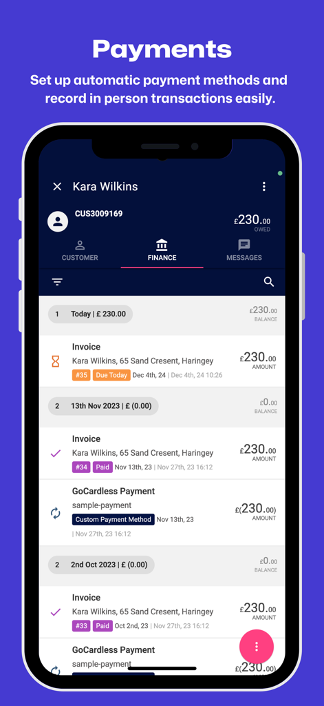Squeegee app screen showing payment history, invoices, and automatic payment setup for a service business customer