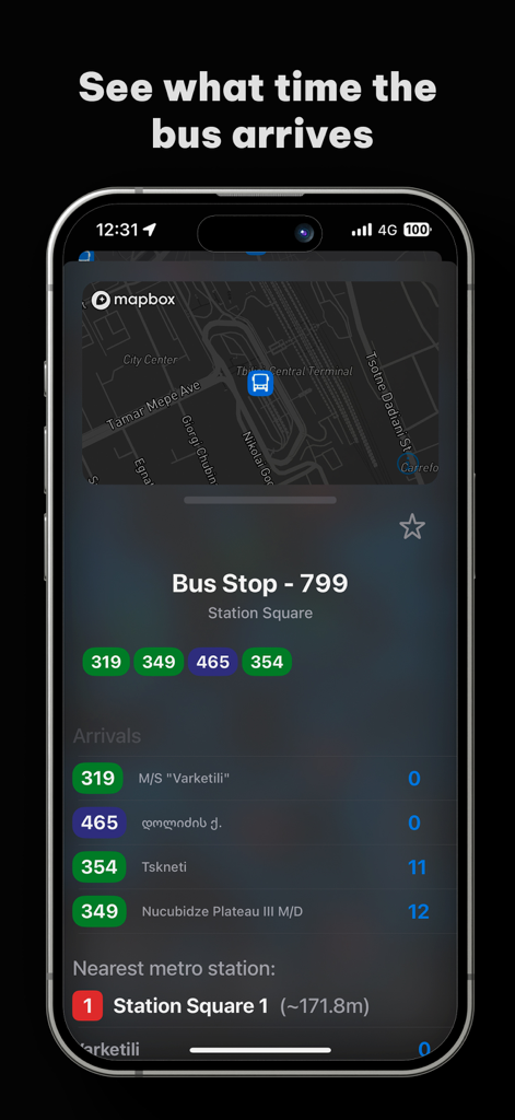 Tbilisi Bus App screenshot showing real-time bus arrival times for Station Square