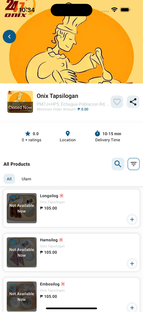 Local restaurant menu screen in the Aly Express app showing breakfast dish options