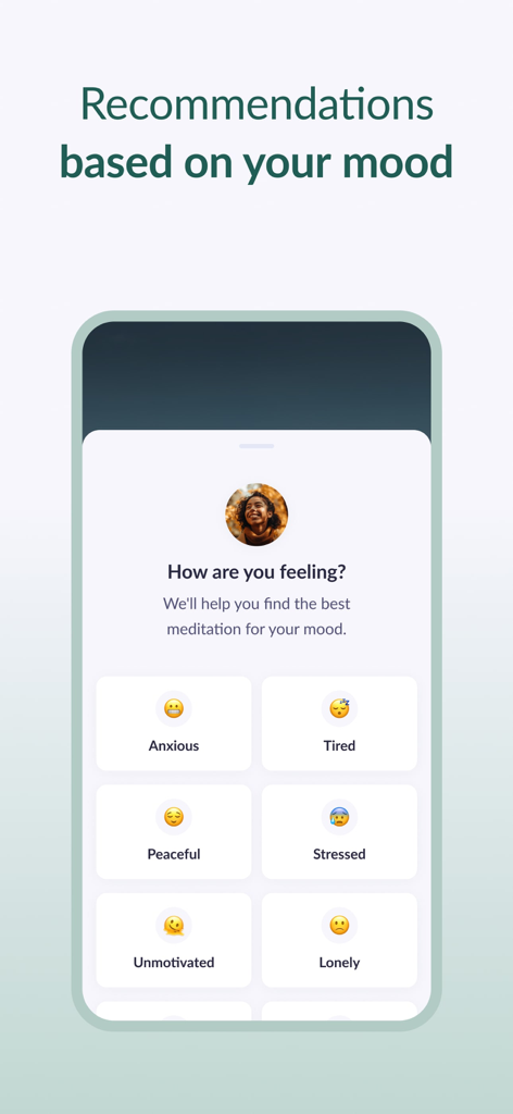 Pura Mente: Sleep & Meditation - Oberfläche der Pura Mente App, die personalisierte Meditationsempfehlungen basierend auf Stimmungsoptionen wie ängstlich, müde und friedlich zeigt.