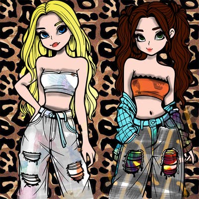 2 girls in crop tops and baggy jeans ripped