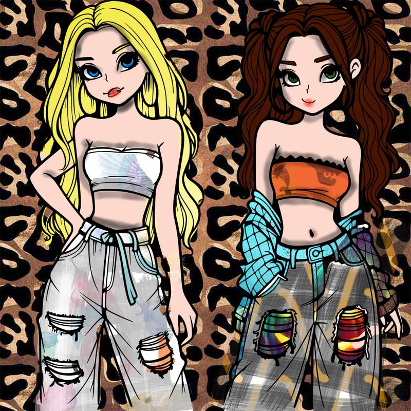 2 girls in crop tops and baggy jeans ripped