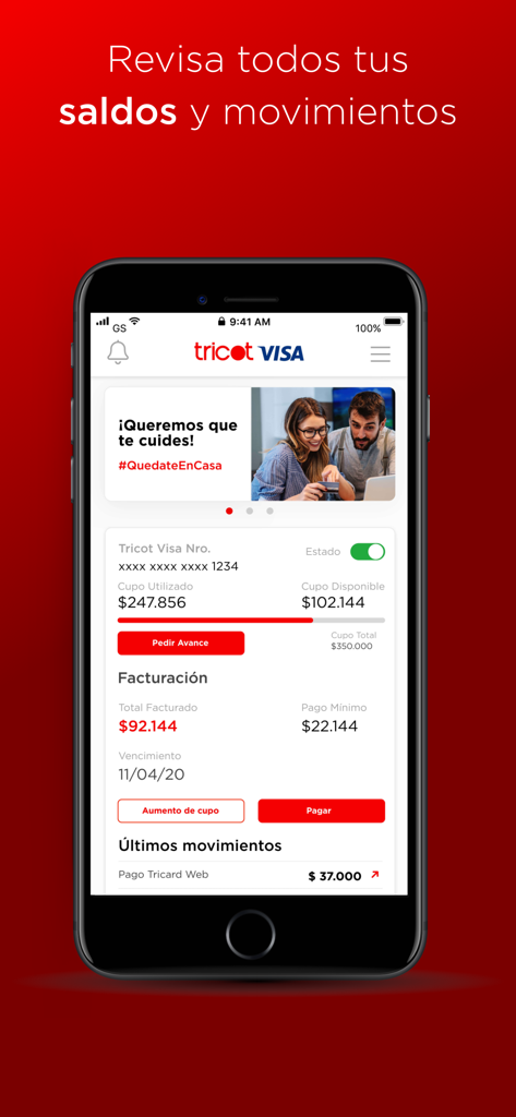 Mi Tricot Visa - Mobile screen of Mi Tricot Visa app displaying credit card balance and transaction history in Spanish