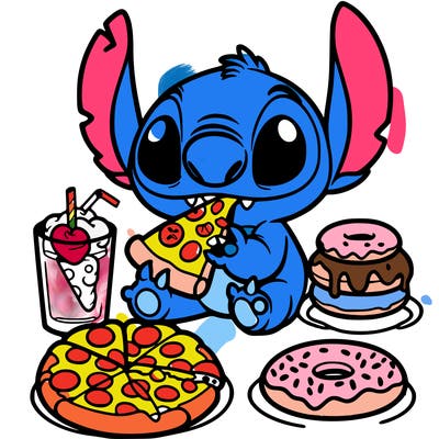 stich eating pizza and donuts