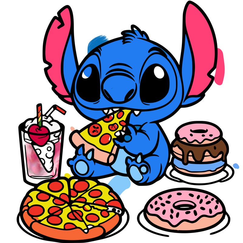 stich eating pizza and donuts