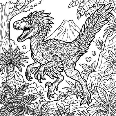 Journey back in time with this detailed Velociraptor coloring page, showcasing the iconic dinosaur amidst a lush prehistoric landscape. Perfect for dinosaur enthusiasts of all ages, it promises an engaging and educational coloring experience.