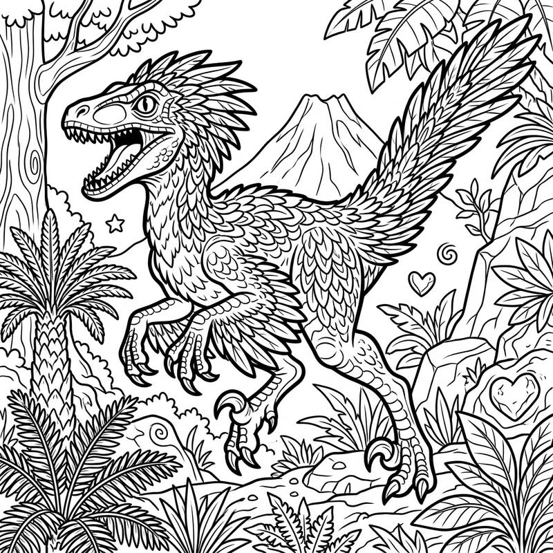 Journey back in time with this detailed Velociraptor coloring page, showcasing the iconic dinosaur amidst a lush prehistoric landscape. Perfect for dinosaur enthusiasts of all ages, it promises an engaging and educational coloring experience.