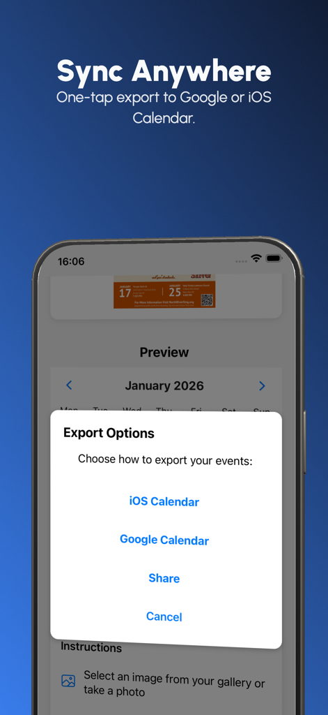 Photo2Calendar Scanner Planner - Interfaz de la aplicación Photo2Calendar que muestra opciones de exportación y sincronización con un solo toque para iOS y Google Calendar.