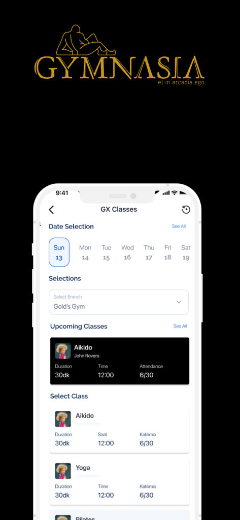 GYMNASIA - GYMNASIA app screen for scheduling and booking fitness classes such as Aikido and Yoga