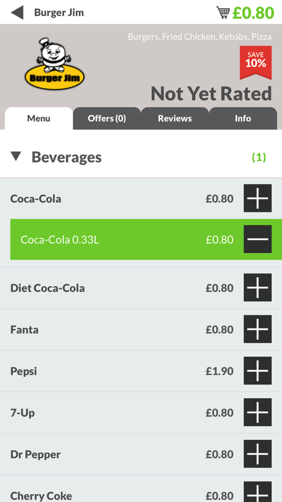 Burger Jim mobile app beverage menu screen showing soft drink options and prices.