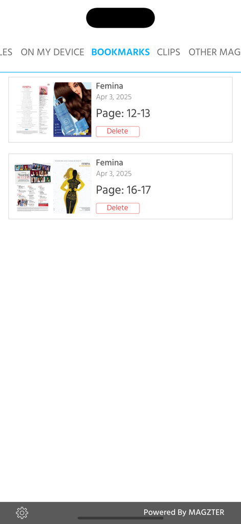 Femina Magazine - Bookmarks screen in the Femina Magazine app showing saved digital pages.