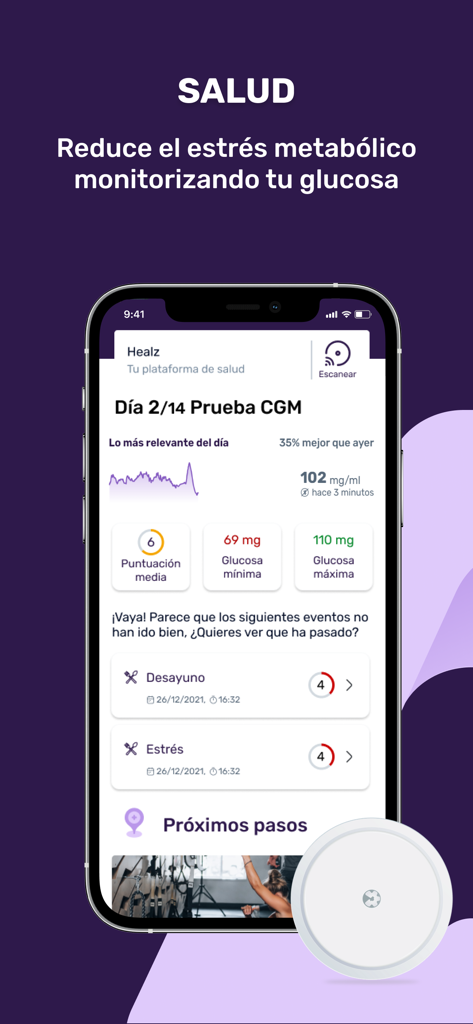 Healz - Interfaz de la aplicación Healz que muestra datos de monitorización continua de glucosa y puntuaciones de salud metabólica