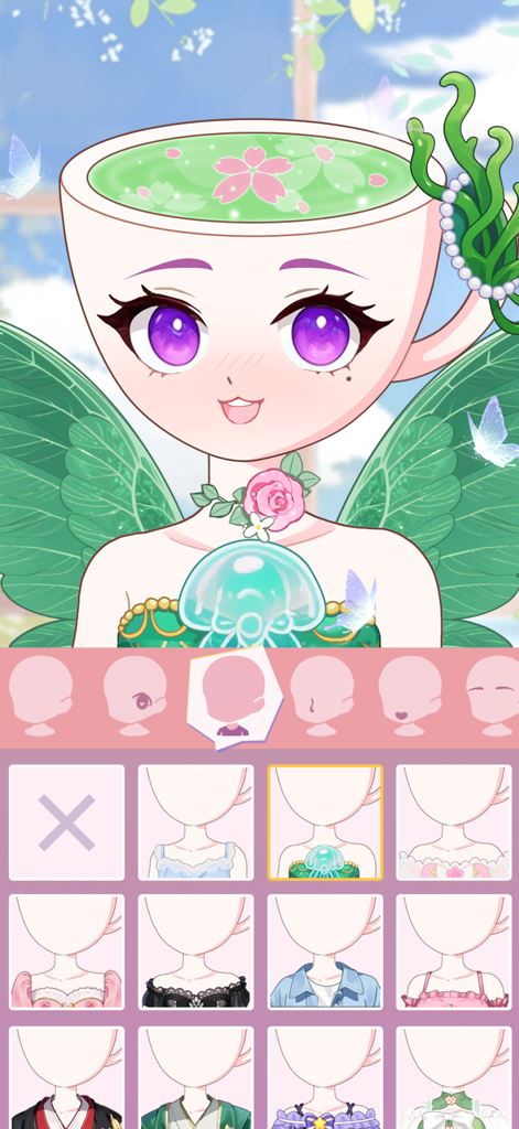 Anime Avatar Maker,Creator - Anime avatar creator interface featuring a unique character design and various clothing options