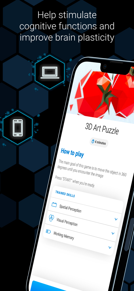 Pantalla de entrenamiento cerebral de CogniFit que muestra instrucciones del juego 3D Art Puzzle y habilidades cognitivas entrenadas como la percepción espacial