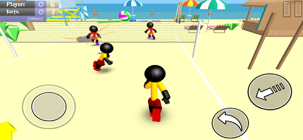 Stickman Beach Volleyball - Stickman characters playing a volleyball match on a sunny 3D beach with game controls