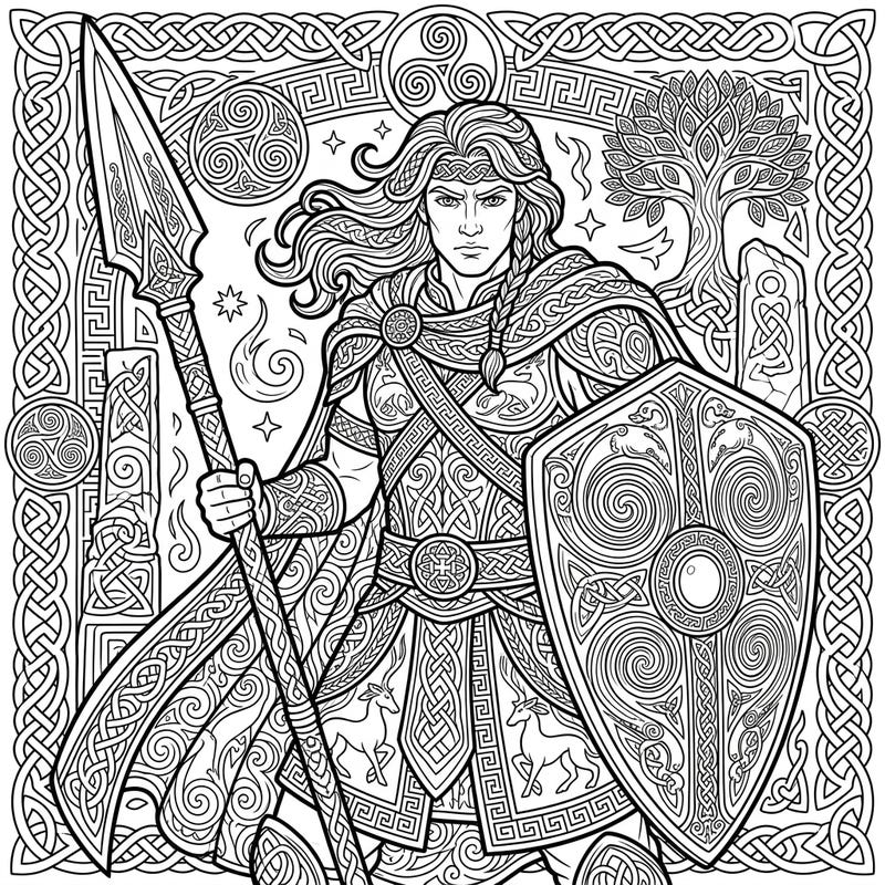 Unleash your creativity with this stunning coloring page of Cú Chulainn, the powerful hero from Irish mythology. Designed for adults, it features an abundance of intricate Celtic patterns and details, promising hours of engaging artistic challenge.