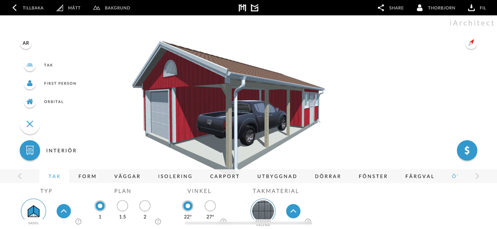 iArchitect - 3D model of a red garage and carport with a black truck in the iArchitect app interface