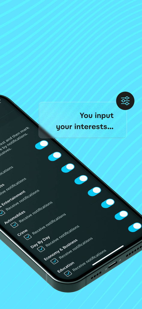 AppNews - Um smartphone mostrando a tela de configurações do AppNews onde os usuários podem alternar notificações para categorias específicas de notícias, como entretenimento e negócios.
