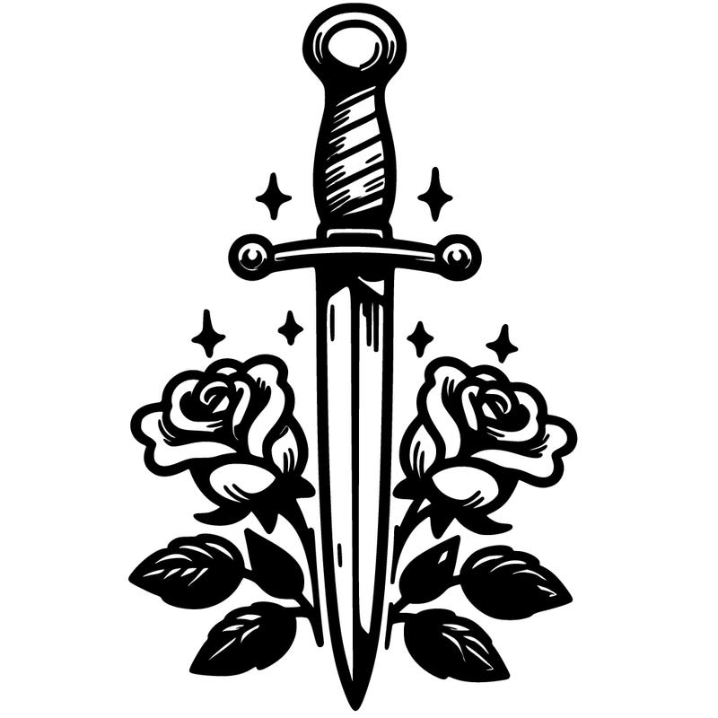 dagger in upright position with roses in front