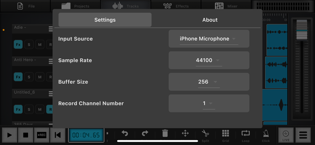 Interfaz de configuración de grabación de audio mostrando opciones de frecuencia de muestreo y tamaño de búfer en Audio Elements.