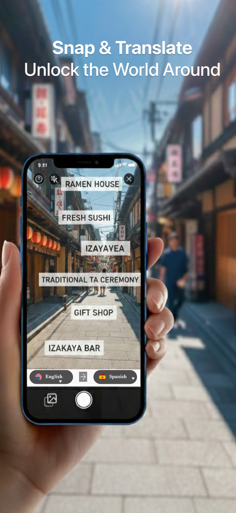 Translate AI - Translator - A hand holding an iPhone using the Translate AI app to show real-time English translations of street signs in a Japanese city.
