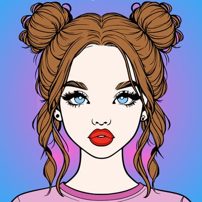 realistic girl with two buns in hair and lips