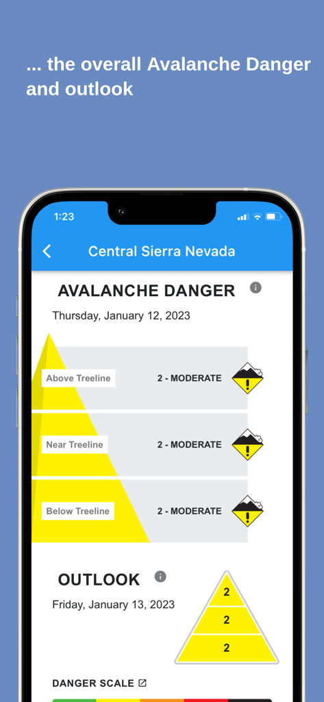 Avalanche Forecasts - Avalanche Forecasts app displaying moderate danger levels for Central Sierra Nevada across different treelines.