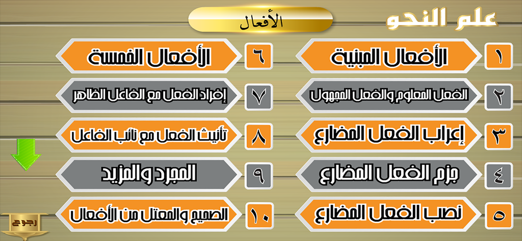 علم النحو - Interface of the Arabic Grammar app displaying a list of lessons about verbs.