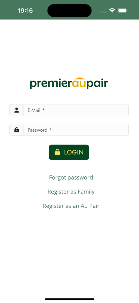 Premier Au Pair - Login page of the Premier Au Pair mobile app with fields for email and password and registration links for host families and au pairs