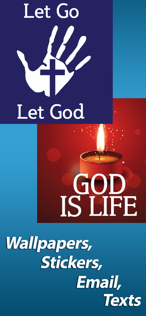 Banner de la aplicación de pegatinas cristianas con citas inspiradoras Let Go Let God y God Is Life con una ilustración de una vela.