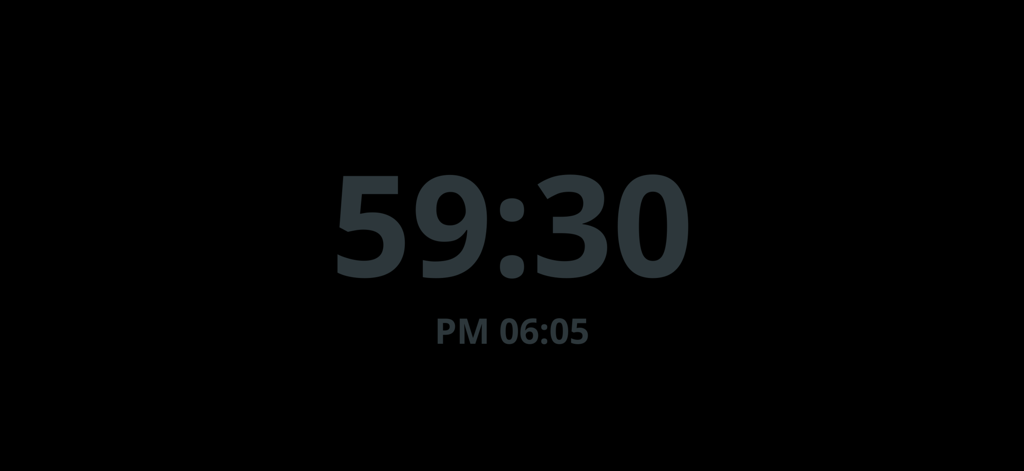 Minimalist digital pomodoro timer on a black background in power saving mode.