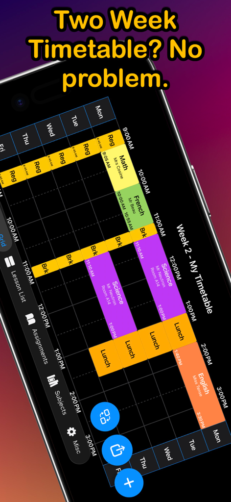 School Timetable Pro Schedule - iPhone screen showing a colorful two week school schedule grid with classes and subjects