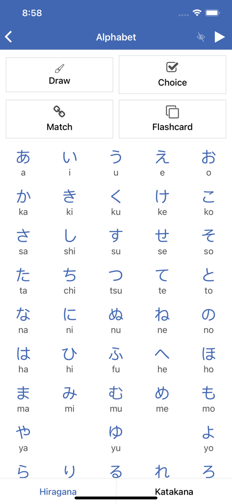 Learn Japanese - jHami - Hiragana alphabet chart with study modes in the jHami app