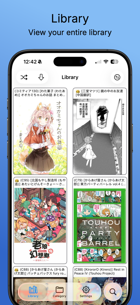 LANreader - Interfaz de la aplicación LANreader que muestra la vista de la biblioteca con una cuadrícula de portadas de manga y cómics digitales