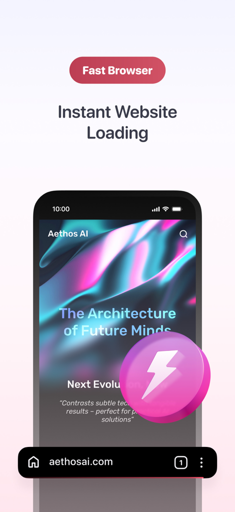 Quetta - Video&Adblock Browser - Un'interfaccia smartphone che mostra il browser Quetta con testo che evidenzia la velocità di caricamento istantanea dei siti web e un'icona di un fulmine.
