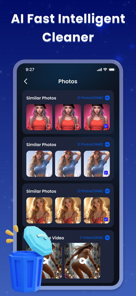 AI Super Cleaner-Clean Up Pro - Interface of AI Super Cleaner app showing similar photos grouped for storage optimization.