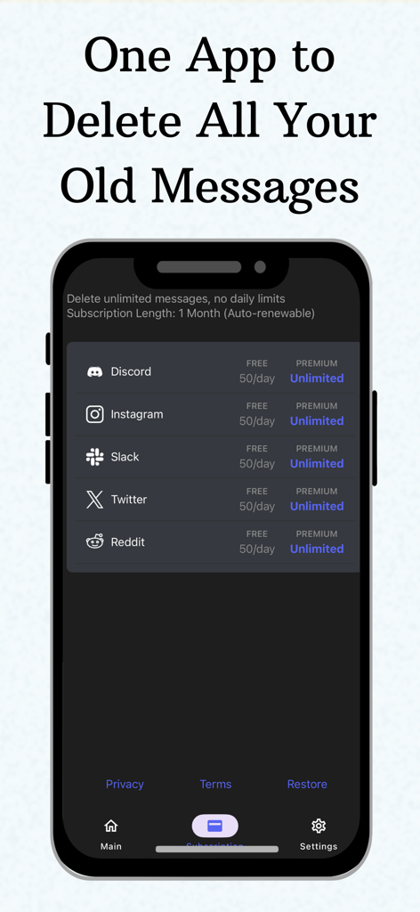 Unpost: Bulk Delete Messages - Unpost app interface showing premium subscription plans for bulk deleting messages on social media and professional platforms