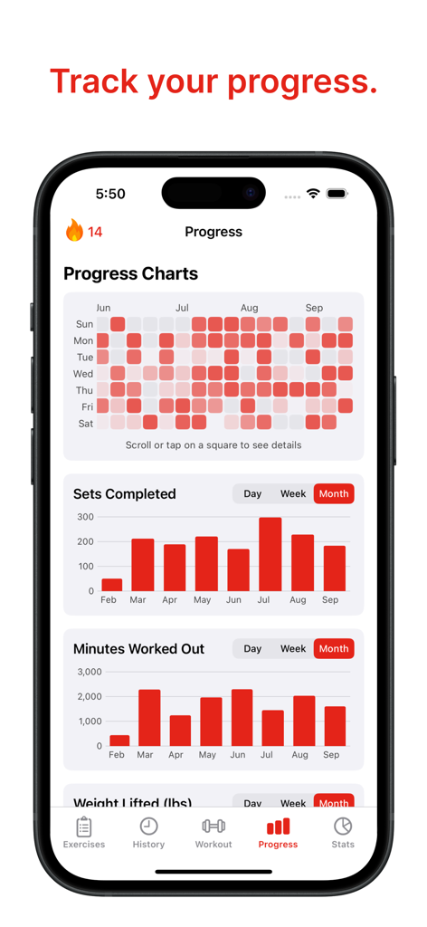 Flexer: Gym Workout Tracker - Panel de progreso en la aplicación Flexer que muestra un mapa de calor de actividad de entrenamiento y gráficos de estadísticas mensuales de series y minutos.