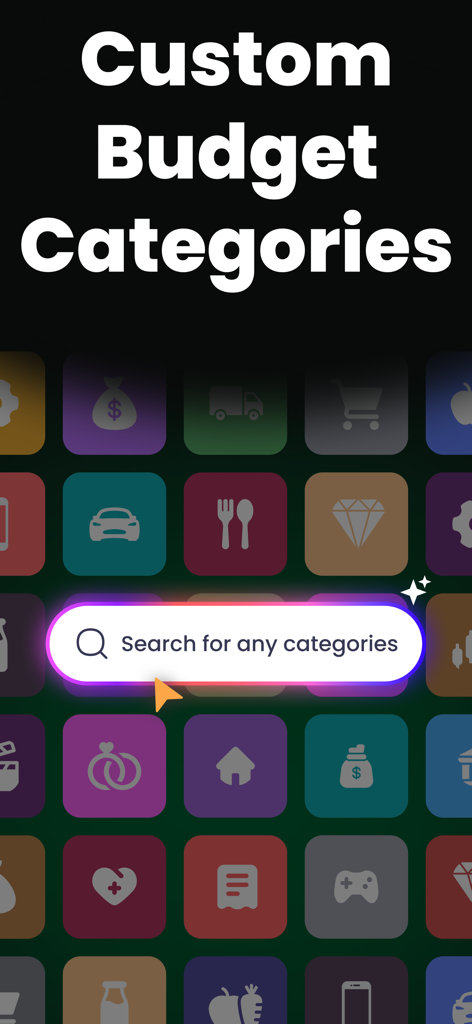 Budget Planner: Money Manager - Screen showing custom budget categories with a search bar and various colorful spending icons