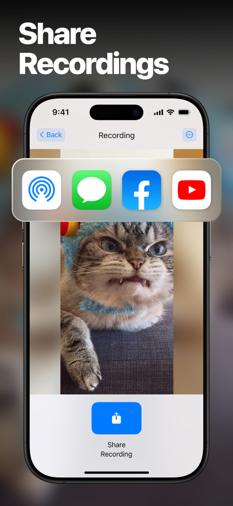 Interface of the screen recorder app showing a video of a cat with sharing options for YouTube and Facebook